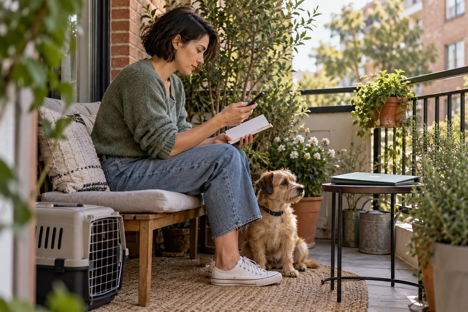 Woman reviewing a notebook and phone on a balcony with a small tan dog at her feet